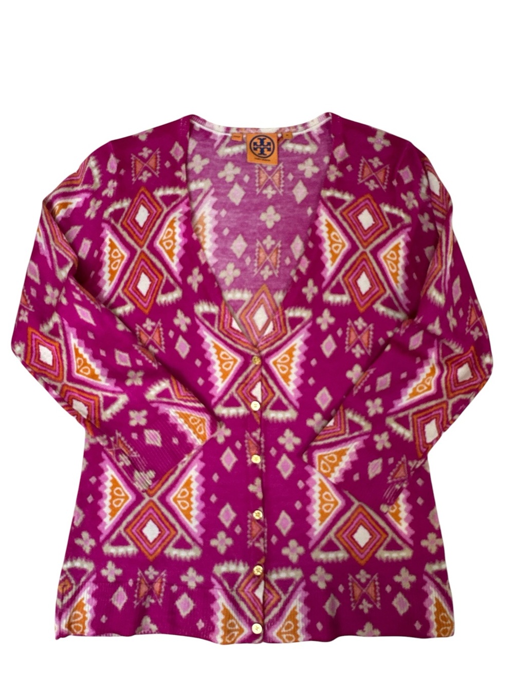Tory Burch Merino Wool Cardigan Women’s Medium Pink Geometric Button Sweater